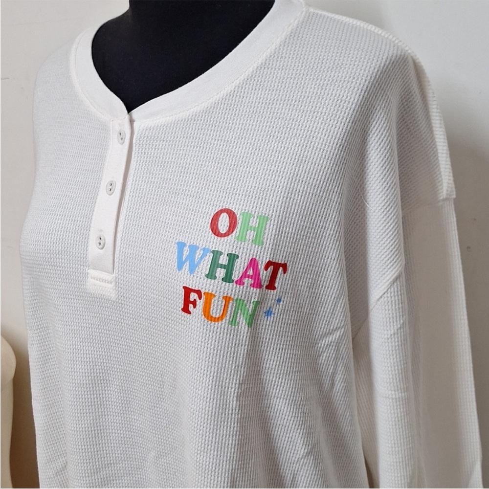 NEW! Women's "Oh What Fun" Holiday Thermal White Top Sizes 1X and 2X